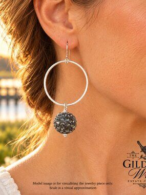 925 Sterling Silver Large Hoop Earrings Gray Rhinestone Ball Dangle 2.6"